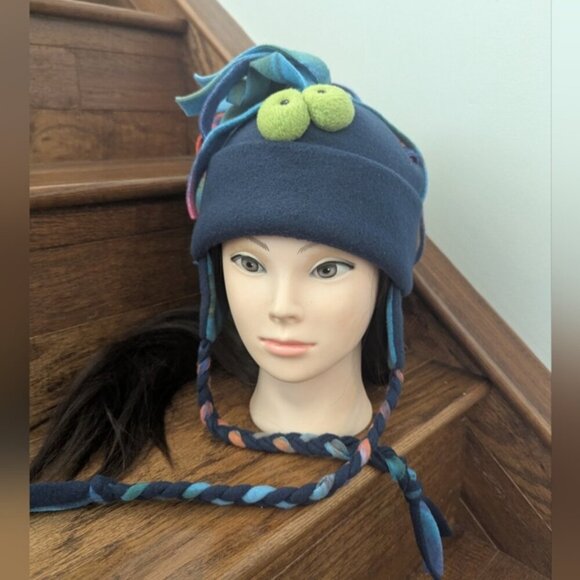 Blue Fleece Hat with Mohawk Fringe Ear Flaps & Chin Strap Sz M adult Youth L/XL - Picture 4 of 8